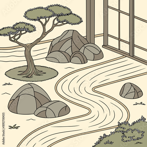 Zen Garden: Japanese Raked Sand Patterns and Rocks