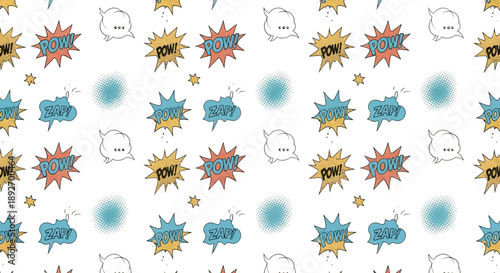 Comic Book Burst Pattern: A captivating seamless pattern featuring dynamic comic book Pow, Swish, and Bang elements scattered across the scene. Designed to evoke energy, action, and retro vibes.
