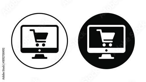Online shopping cart computer icon in black and white ecommerce concept
