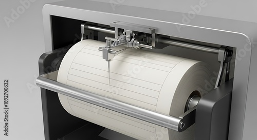 Close-up of a Seismograph machine, recording seismic activity on a paper roll, with intricate mechanical parts visible
