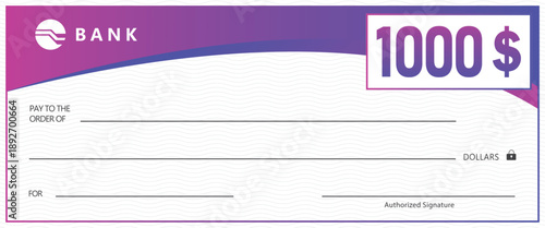bank check template with purple gradient header and wavy background pattern. Professional financial document for payment, prize, or donation. Modern business layout on white.