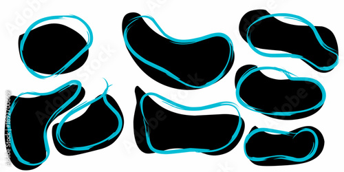 Abstract black blob collection. Simple random black blob vector. Black waves with blue lines.