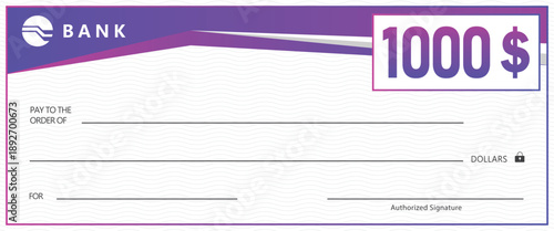bank check template with purple gradient header and wavy background pattern. Professional financial document for payment, prize, or donation. Modern business layout on white.