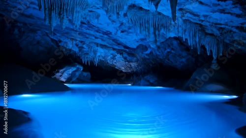 Stunning Blue Cave with Stalactites and Illuminated Water Surface.