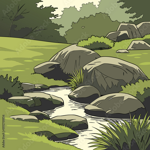 Scenic Landscape Design: Rocks, Grass, and Water Stream