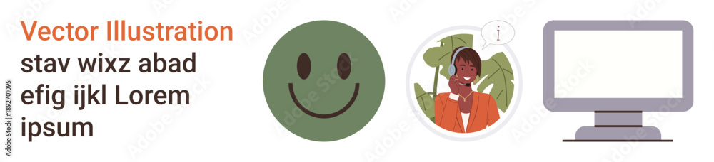 Fototapeta premium Customer service, online communication, graphic design, digital tools, remote work, user interaction. A happy face, a support agent and a computer screen. Customer service and online communication