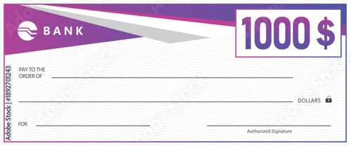 bank check template with purple gradient header and wavy background pattern. Professional financial document for payment, prize, or donation. Modern business layout on white.