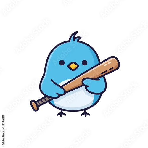Cute Blue Bird Holding Baseball Bat Mascot Cartoon