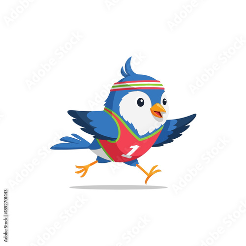 Cute cartoon blue bird running with athletic headband and sports vest