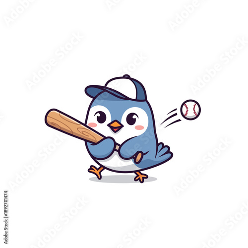 Cute cartoon bird playing baseball, hitting ball with bat, wearing cap