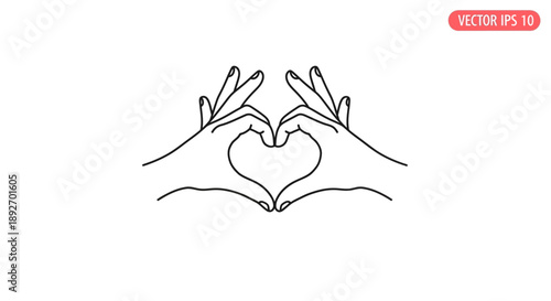 Line drawing of two hands forming a heart shape with fingers on a white background with minimalist style and a loving mood.