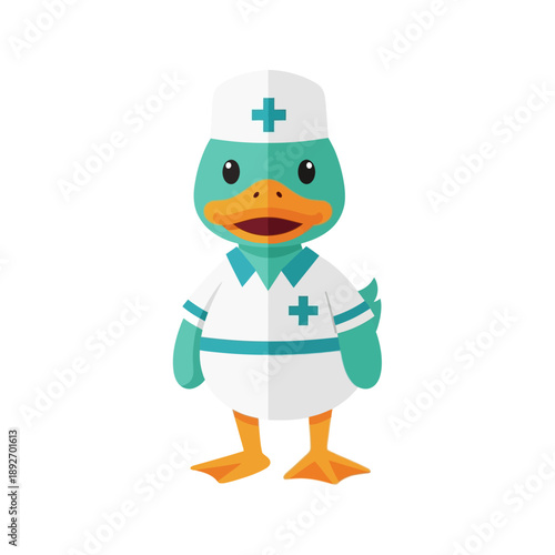 Cute cartoon duck nurse wearing medical uniform and cap, isolated on white