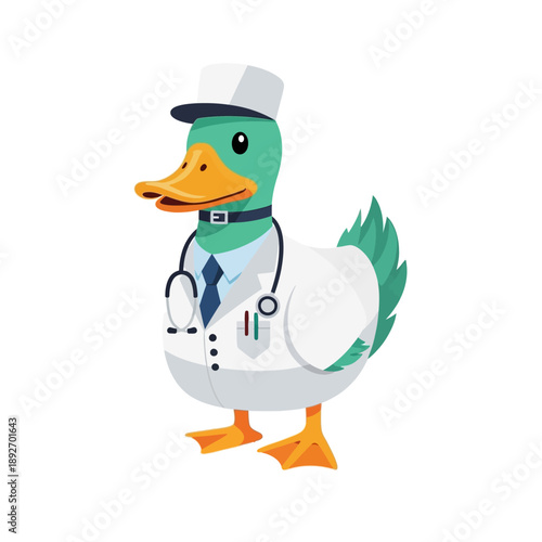 Cute cartoon duck doctor wearing a white coat and stethoscope, isolated on white