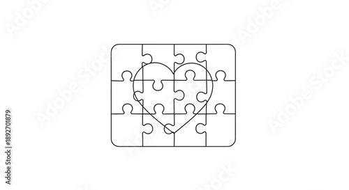 A heart-shaped jigsaw puzzle piece being placed into a rectangular puzzle on a white background with a minimalist line drawing style.