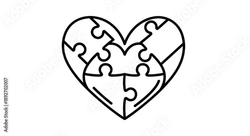 Line art illustration of a heart-shaped puzzle with interlocking pieces on a white background.
