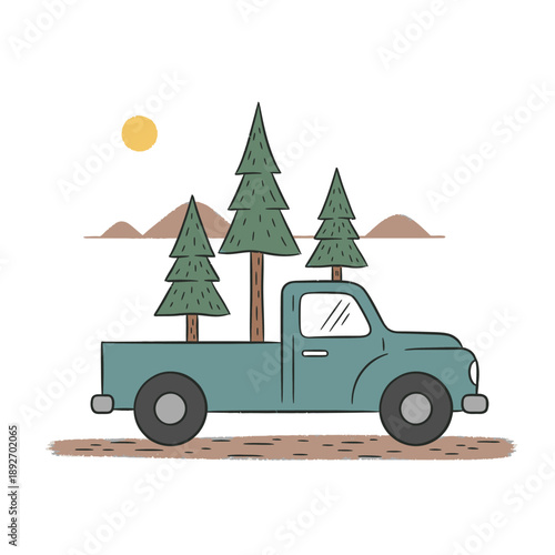 Vintage Truck Carrying Pine Trees in a Rural Landscape with Mountains