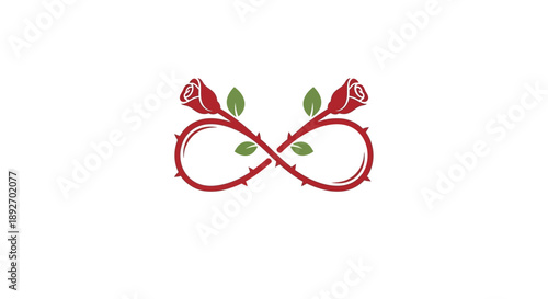 A symbolic illustration of an infinity sign made from thorny stems with two red roses and green leaves on a white background.