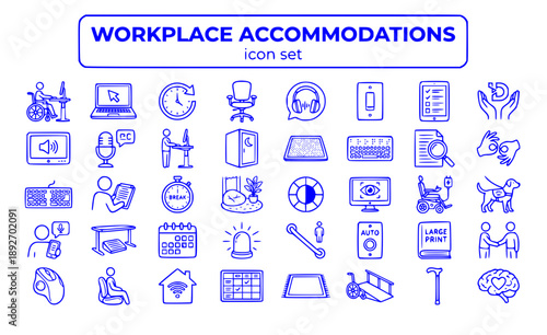 Workplace Accommodations Inclusive Accessible Office Disability Support Ergonomic ADA Compliance Assistive Vector Icon Set - Employee Accessibility