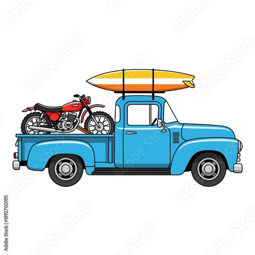 Vintage Blue Pickup Truck Carrying Motorcycle and Surfboard on Roof