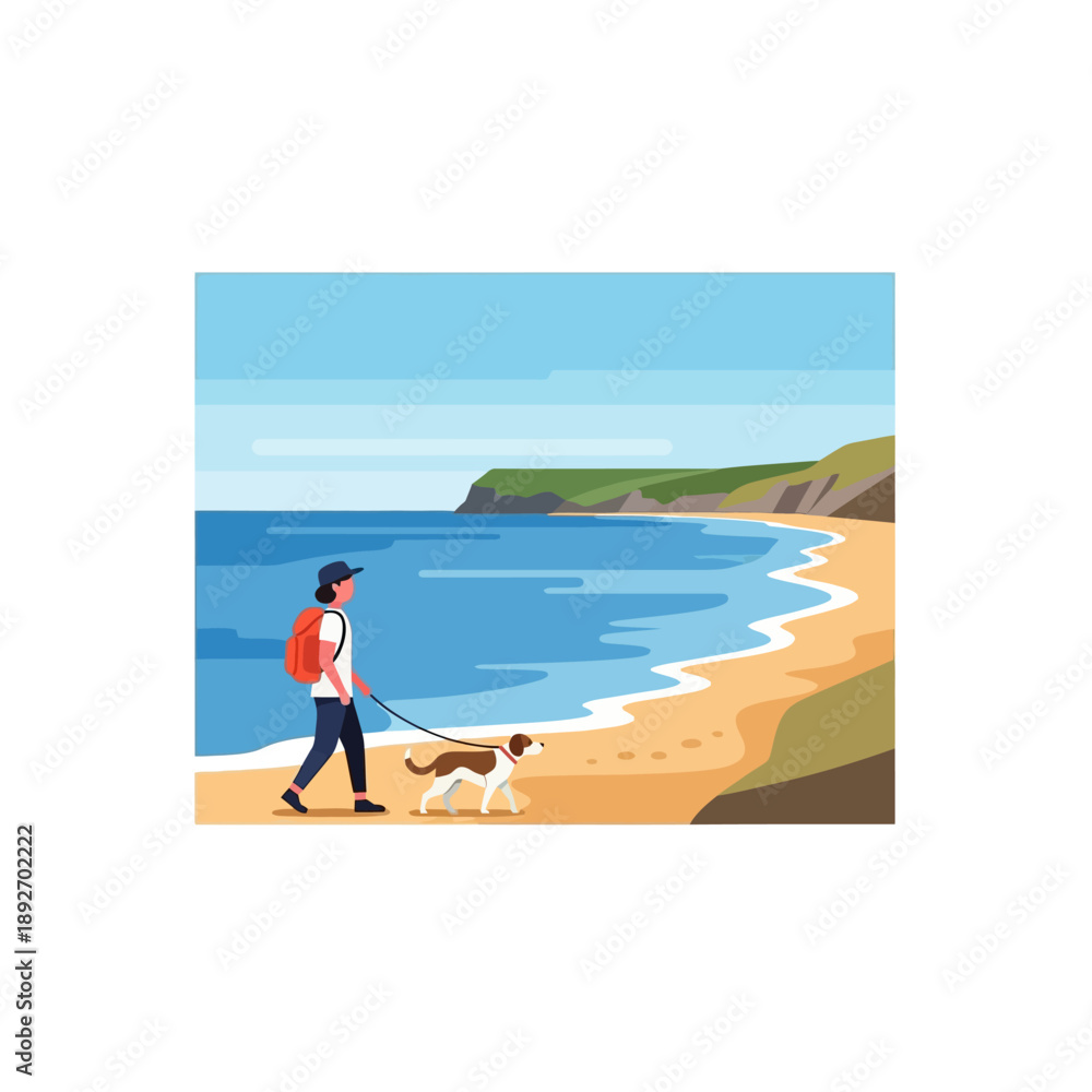 Obraz premium Woman walking dog on sunny beach with ocean and cliffs