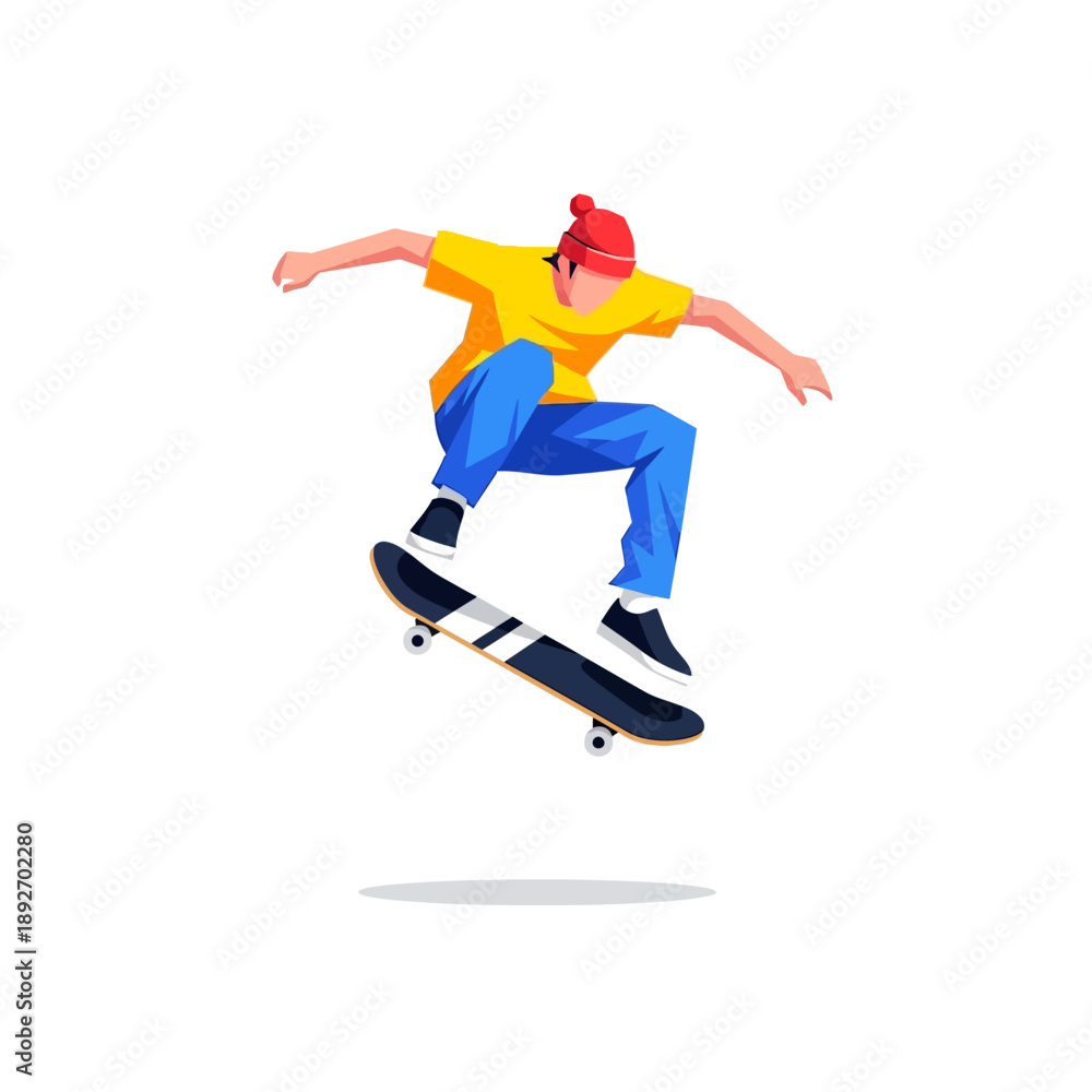 Obraz premium Skateboarder performing aerial trick, vibrant yellow shirt, blue pants, white background