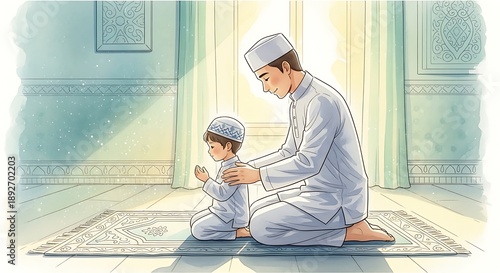 Watercolor illustration of a father gently teaching his child to pray during Ramadan