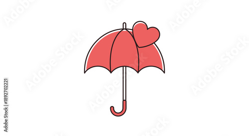 A minimalist line drawing of a red umbrella with a heart on it against a clean white background.