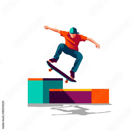 Skateboarder performing a jump trick over colorful obstacles, dynamic action sport illustration.
