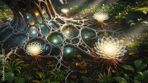 Glowing Mushrooms in Forest Environment.