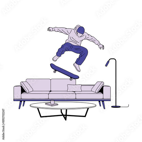 Skateboarder jumps over sofa in modern living room, extreme indoor sport, urban lifestyle