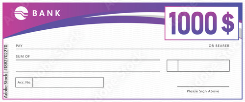 bank check template with purple gradient header and wavy background pattern. Professional financial document for payment, prize, or donation. Modern business layout on white.