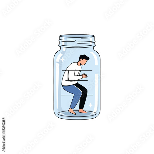 Man trapped inside a glass jar, symbolizing confinement and isolation