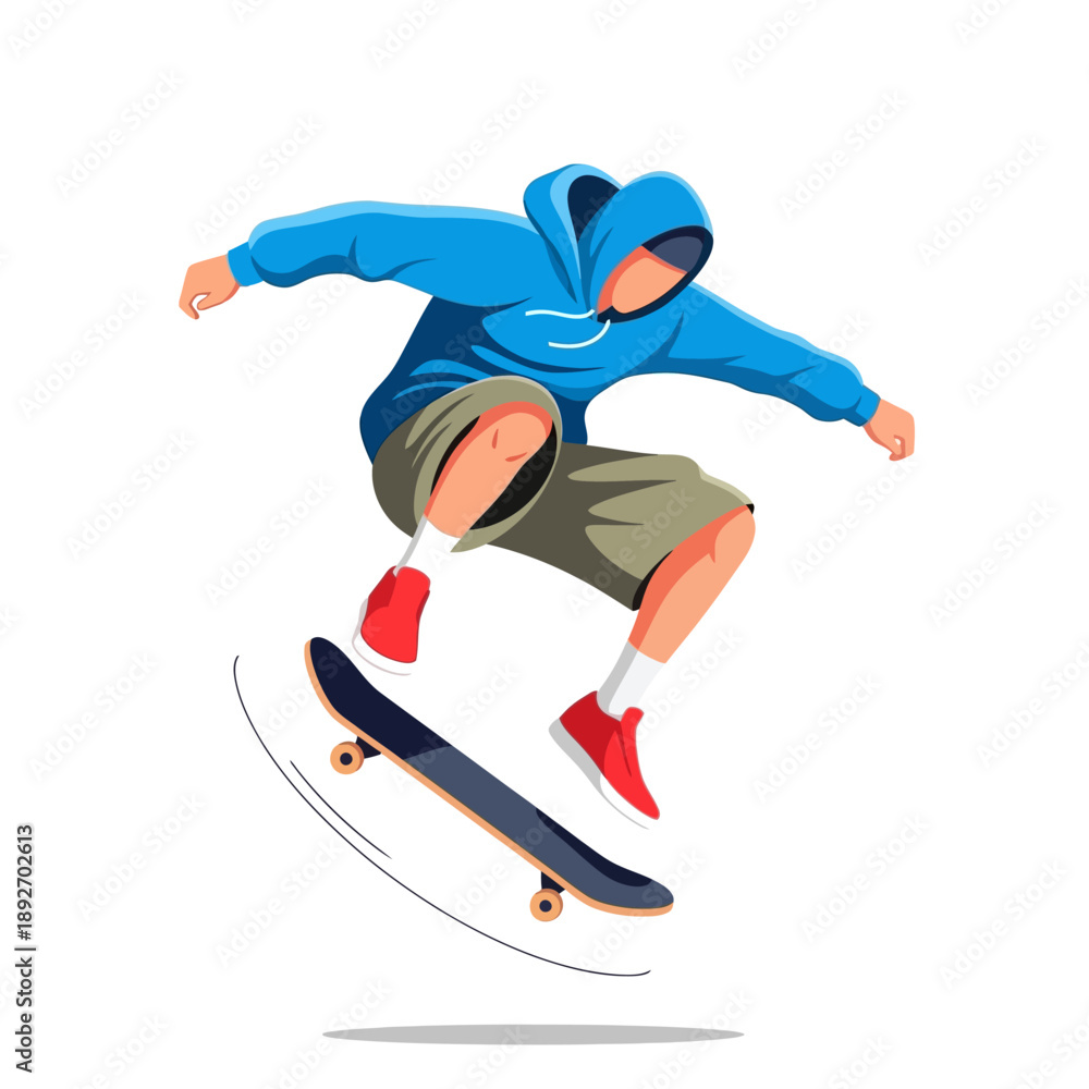 Obraz premium Skateboarder performing trick in mid-air, dynamic action illustration