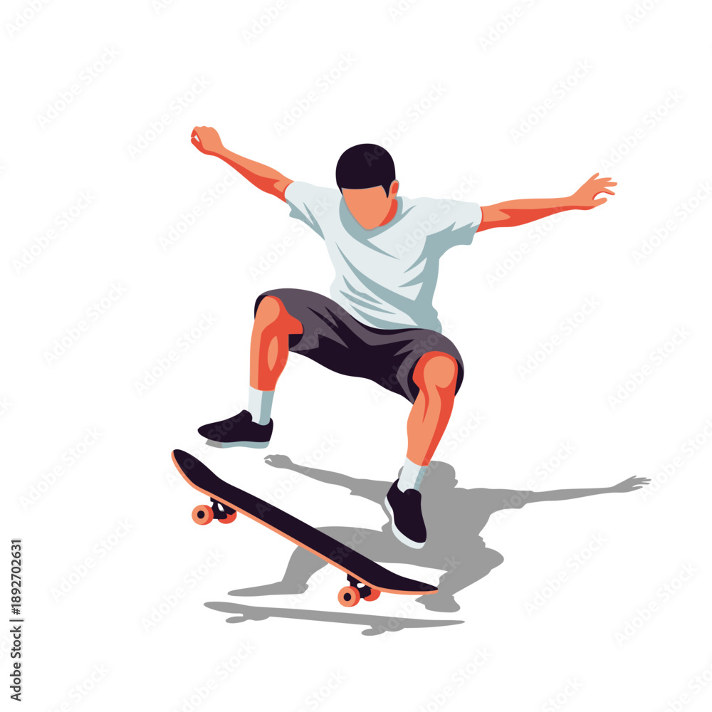 Fototapeta premium Skateboarder performing trick jump, dynamic action, vector illustration