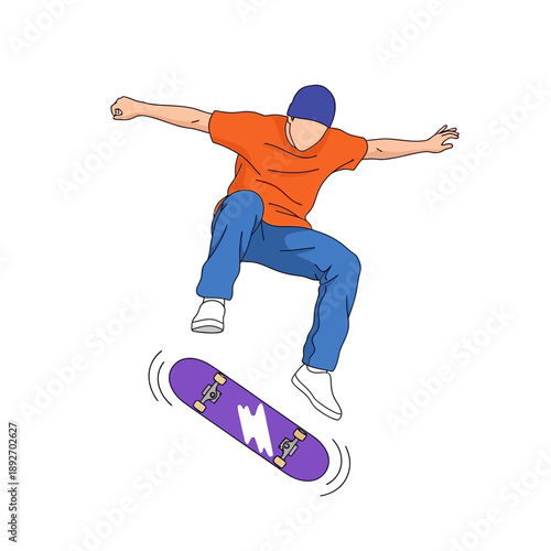 Young man performing a skateboard trick, jumping with board in the air, action sport