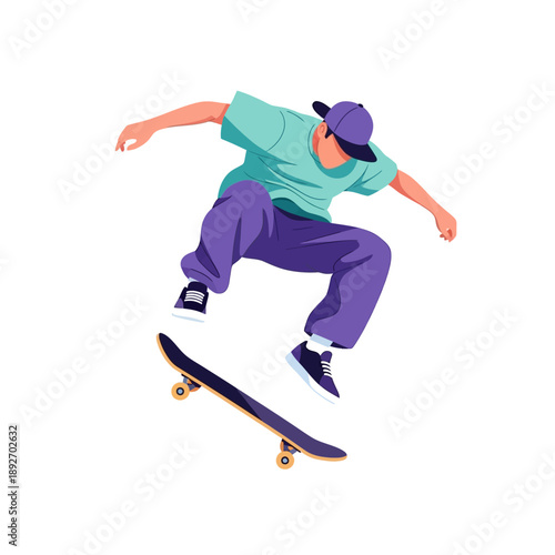 Skater performing a jump trick with skateboard, dynamic action, vector illustration