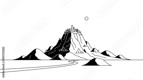 Fantasy cityscape on mountain peak, minimalist black and white illustration