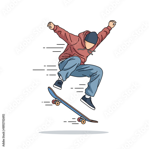 Skateboarder performing a trick in mid-air, dynamic action, youth culture, flat design