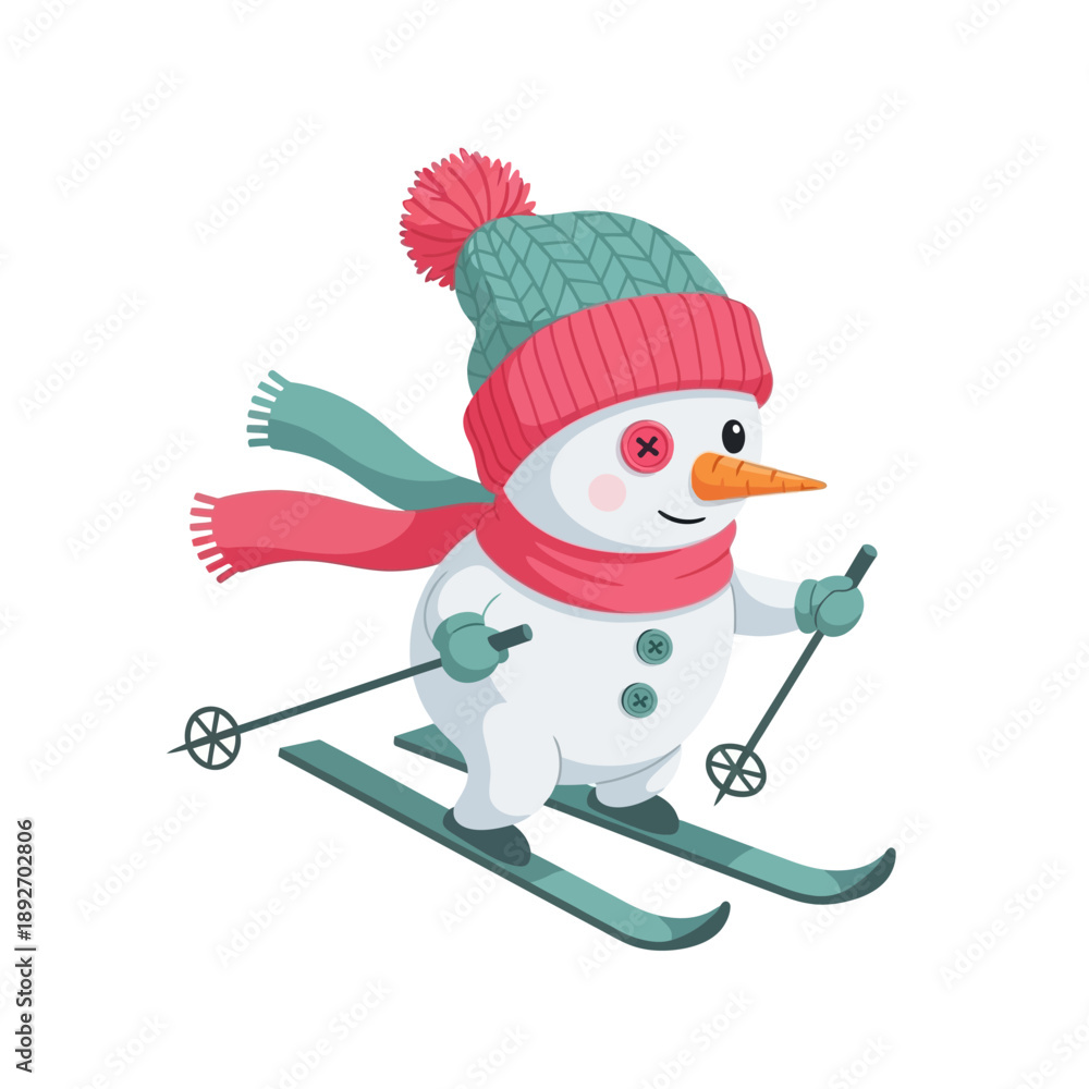 Fototapeta premium Cute Snowman Skiing with Scarf and Hat, Winter Fun Cartoon Character
