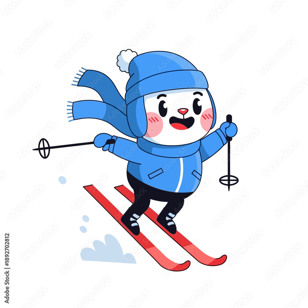 Fototapeta premium Cute Cartoon Bear Skiing Downhill in Winter Snow, Wearing Hat and Scarf