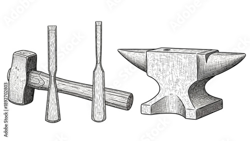 Blacksmith Tools: Anvil, Hammer, and Chisels - Vintage Illustration