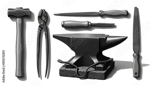 Blacksmith Tools: Anvil, Hammer, Pliers, Files, Chisel