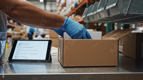 Modern logistics scene shows quality control packing step, with warehouse worker confirming order accuracy on tablet and placing fragile product in protective wrapping inside carton before dispatch.