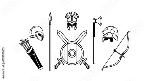 Ancient warrior weapons and armor illustration