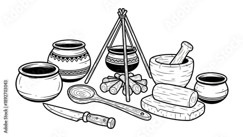 Ancient Cooking Utensils and Fire Pit Illustration