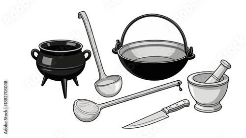 Vintage Cooking Utensils: Cauldron, Ladles, Mortar and Pestle, Knife