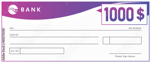 bank check template with purple gradient header and wavy background pattern. Professional financial document for payment, prize, or donation. Modern business layout on white.