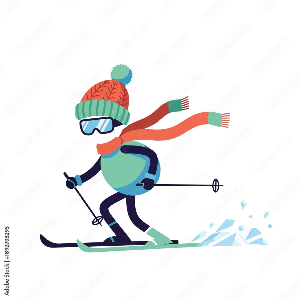 Obraz premium Cartoon skier with scarf and hat skiing down a snowy slope, dynamic movement