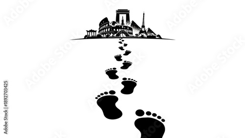 Footprints Leading to Famous Landmarks Silhouette