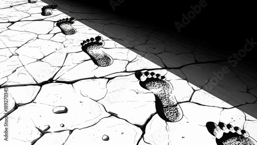 Footprints on Cracked Dry Earth, Shadow and Light